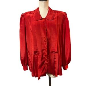 Josephine Women’s Vintage Size 20 Silky Red Button Up Blouse 80s Pleated